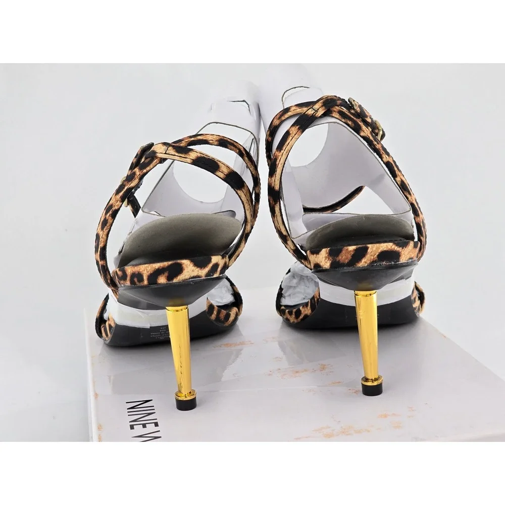 Nine West Anny2 Sandals Womens Size 5M Dark Natural Leopard Print Gold Heel -New